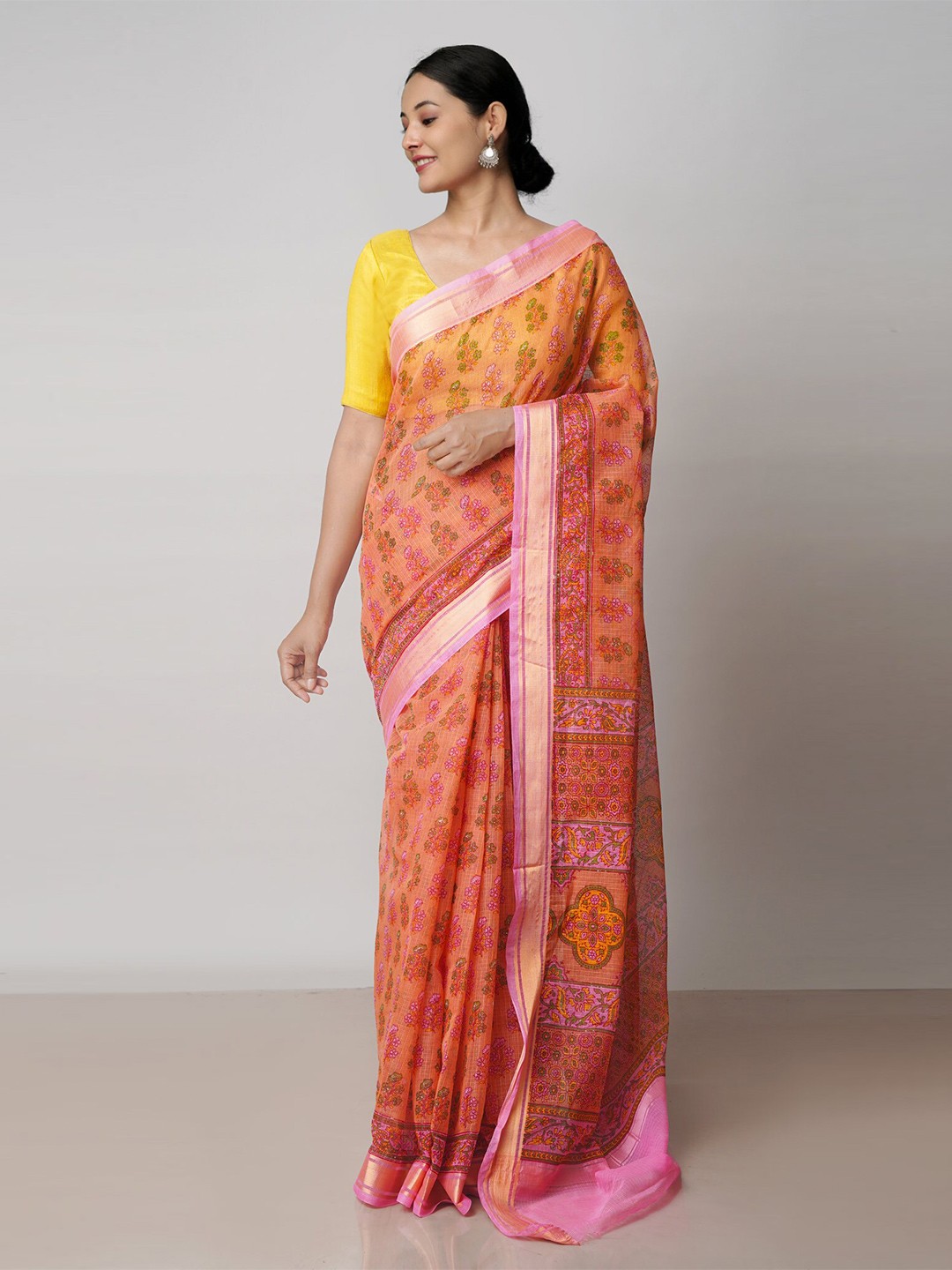 

Unnati Silks Floral Block Printed Zari Pure Cotton Handloom Kota Saree, Orange