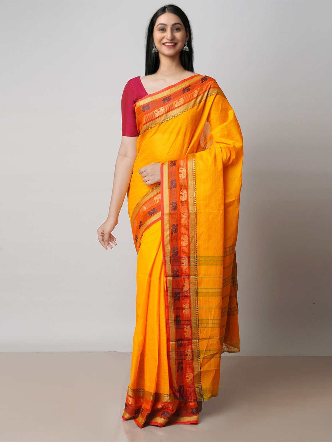 

Unnati Silks Zari Pure Cotton Handloom Chettinad Saree, Yellow
