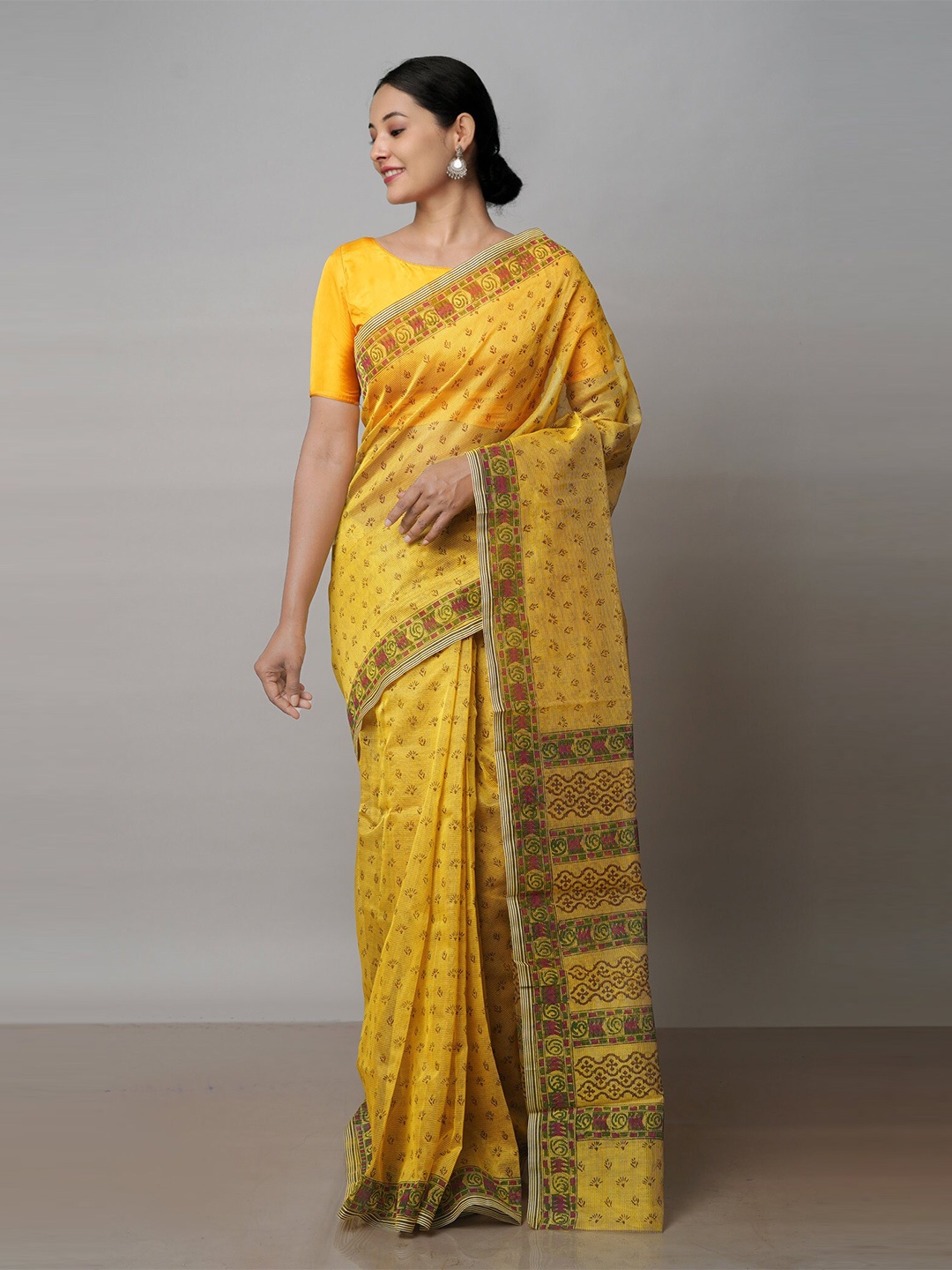 

Unnati Silks Ethnic Block Printed Supernet Bagru Saree, Yellow