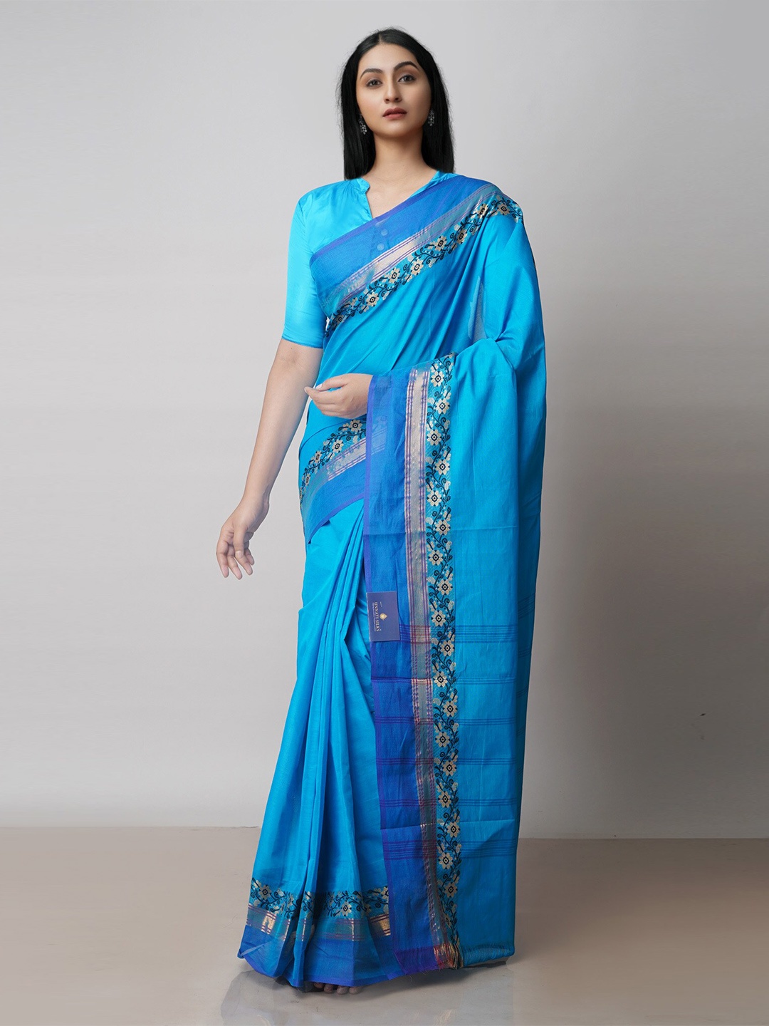 

Unnati Silks Zari Pure Cotton Handloom Chettinad Saree, Blue