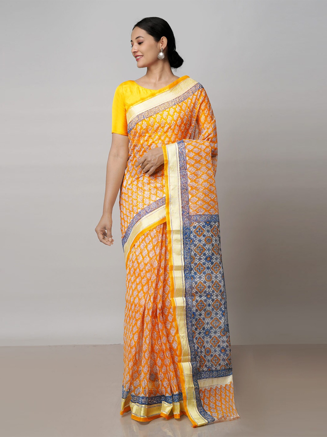 

Unnati Silks Floral Printed Zari Pure Cotton Handloom Kota Saree, Orange