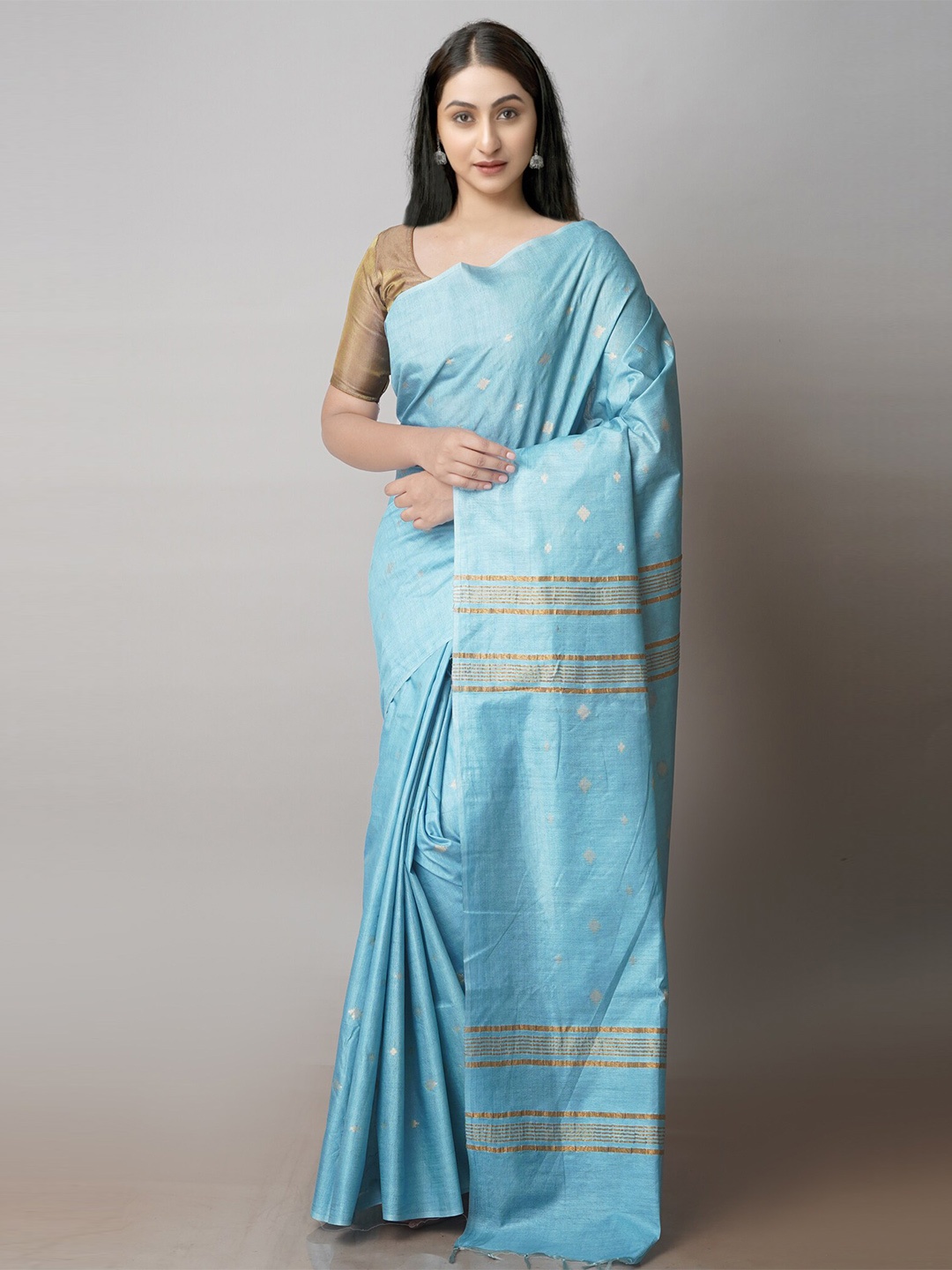 

Unnati Silks Geometric Woven Design Zari Silk Cotton Handloom Chanderi Saree, Blue