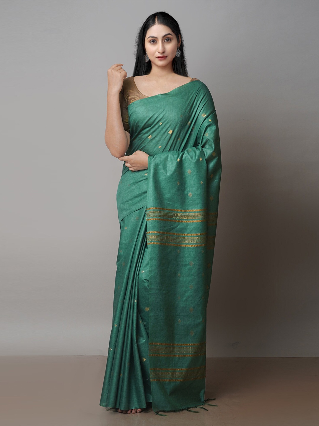 

Unnati Silks Geometric Woven Design Zari Silk Cotton Handloom Chanderi Saree, Green