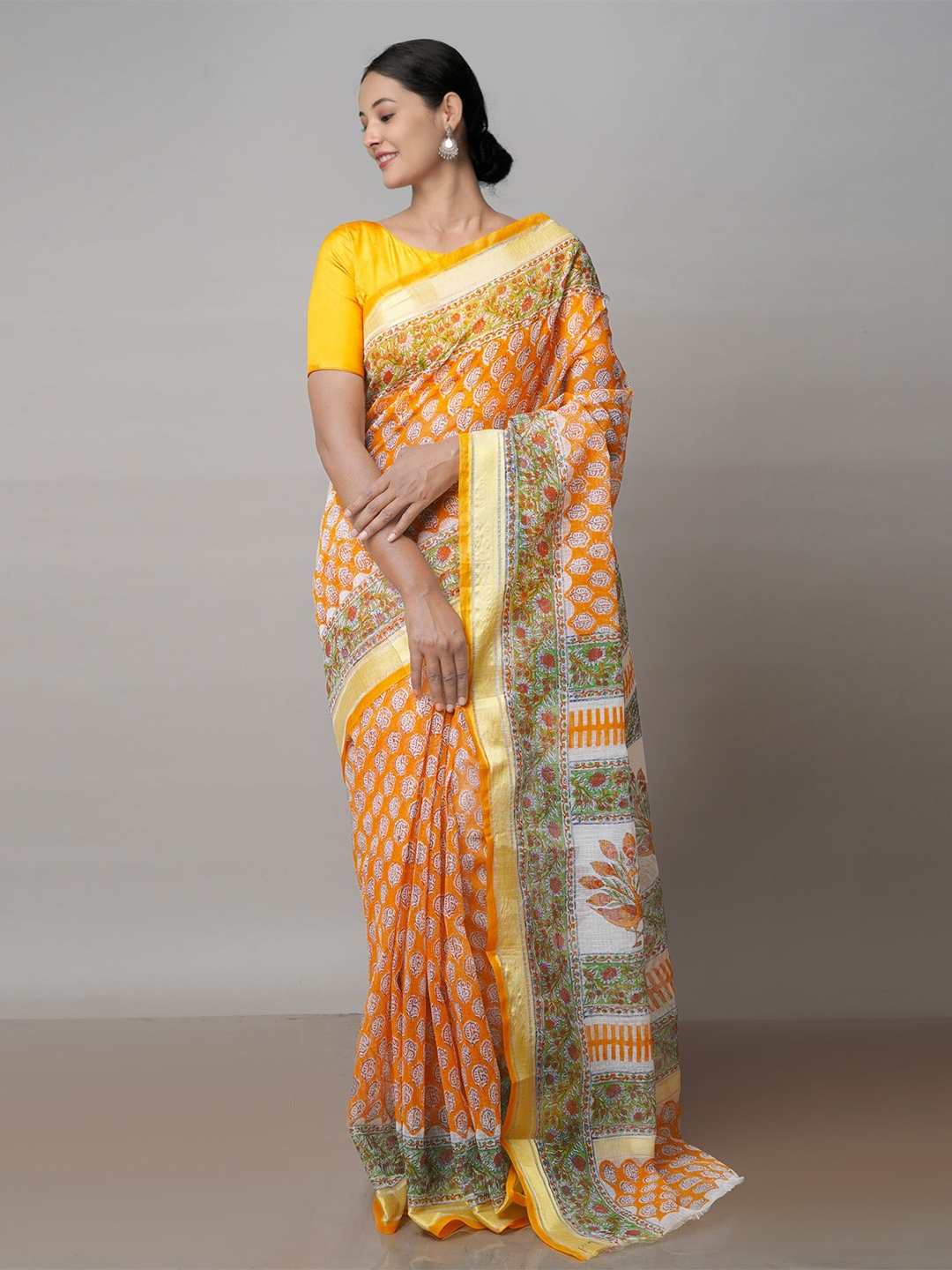 

Unnati Silks Ethnic Block Printed Zari Pure Cotton Handloom Kota Saree, Orange