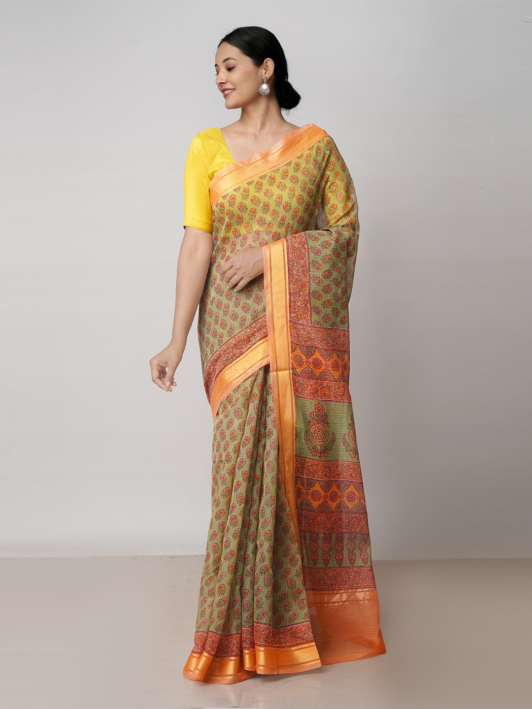 

Unnati Silks Floral Block Printed Zari Pure Cotton Handloom Kota Saree, Green