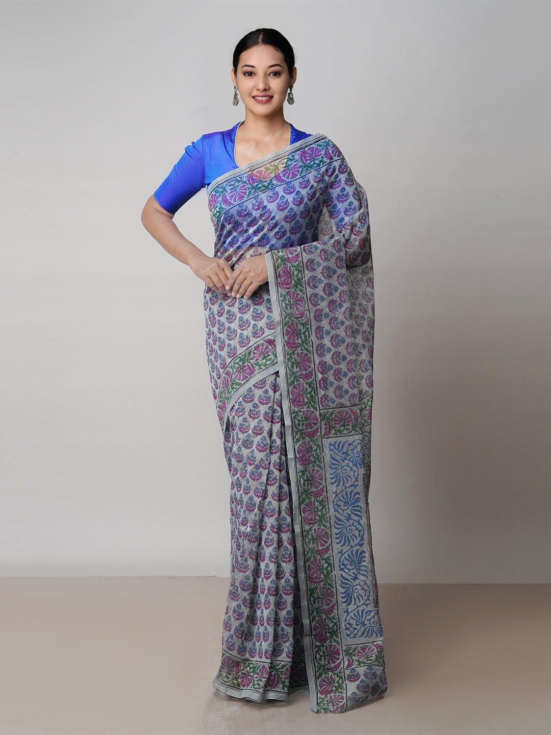 

Unnati Silks Floral Block Printed Supernet Dabu Saree, Grey