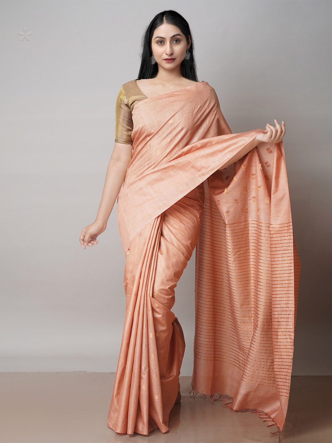 

Unnati Silks Ethnic Woven Design Zari Silk Cotton Handloom Chanderi Saree, Peach