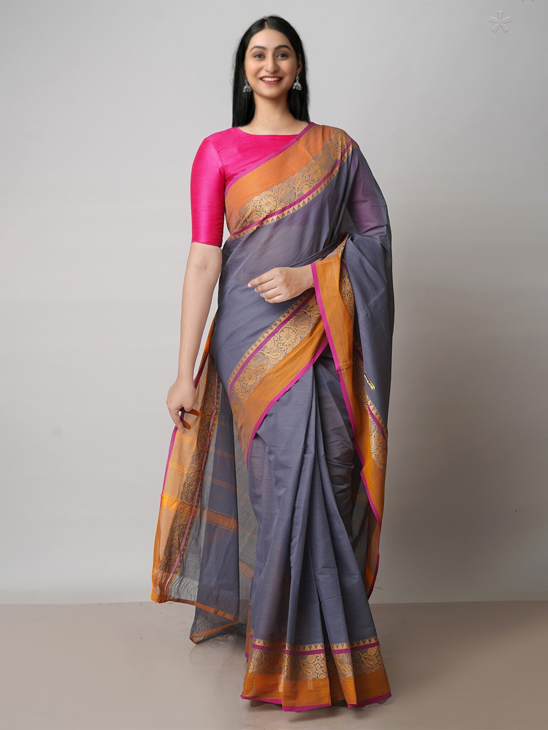 

Unnati Silks Zari Pure Cotton Handloom Kanjeevaram Saree, Grey