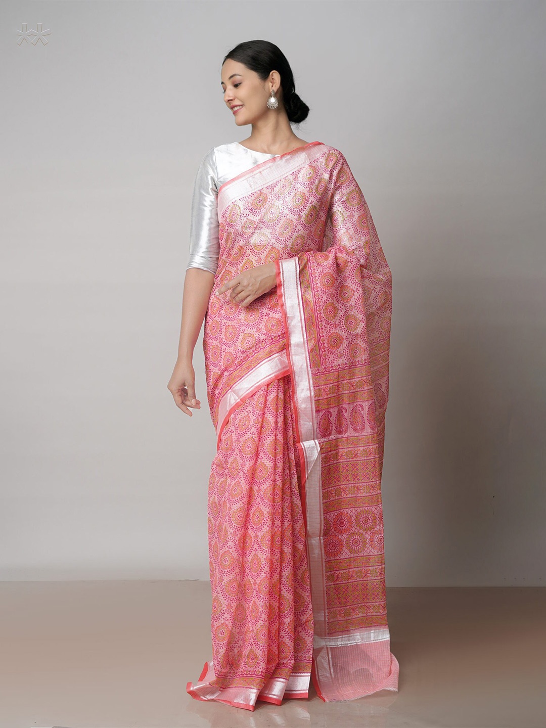 

Unnati Silks Ethnic Block Printed Zari Pure Cotton Handloom Kota Saree, Pink