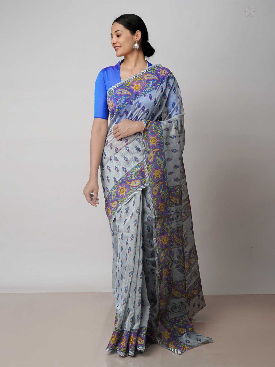 

Unnati Silks Ethnic Motifs Block Printed Supernet Handloom Dabu Saree, Grey