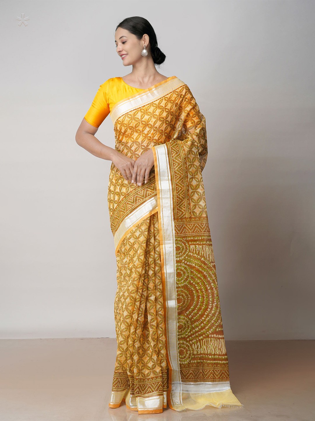 

Unnati Silks Ethnic Motifs Block Printed Zari Pure Cotton Handloom Kota Saree, Orange