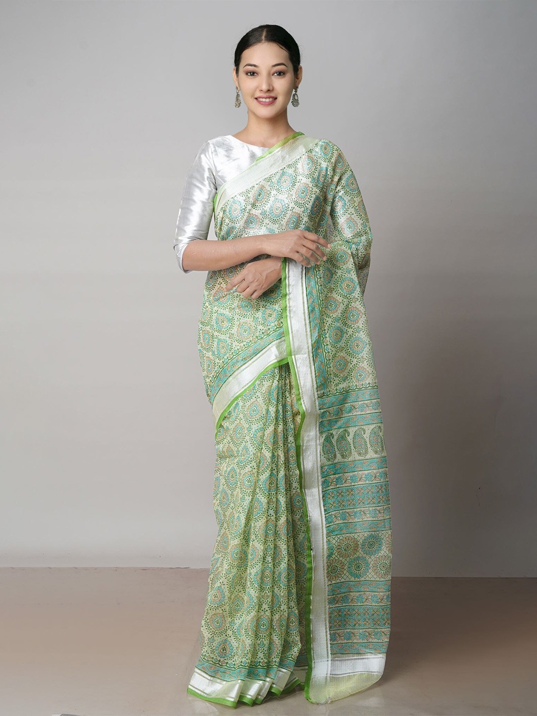 

Unnati Silks Ethnic Motifs Block Printed Zari Pure Cotton Handloom Kota Saree, Green