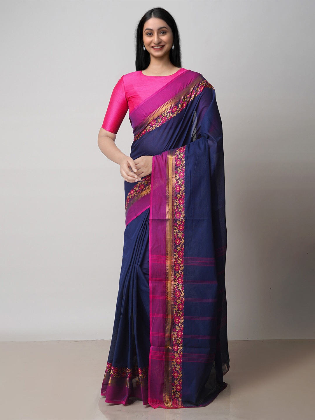 

Unnati Silks Zari Pure Cotton Handloom Chettinad Saree, Navy blue