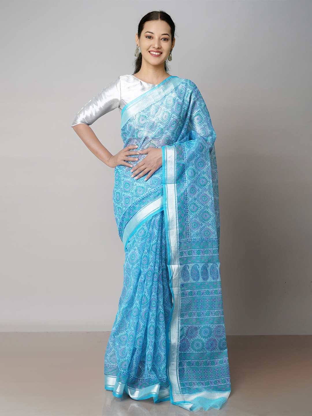 

Unnati Silks Ethnic Motifs Block Printed Zari Pure Cotton Handloom Kota Saree, Blue