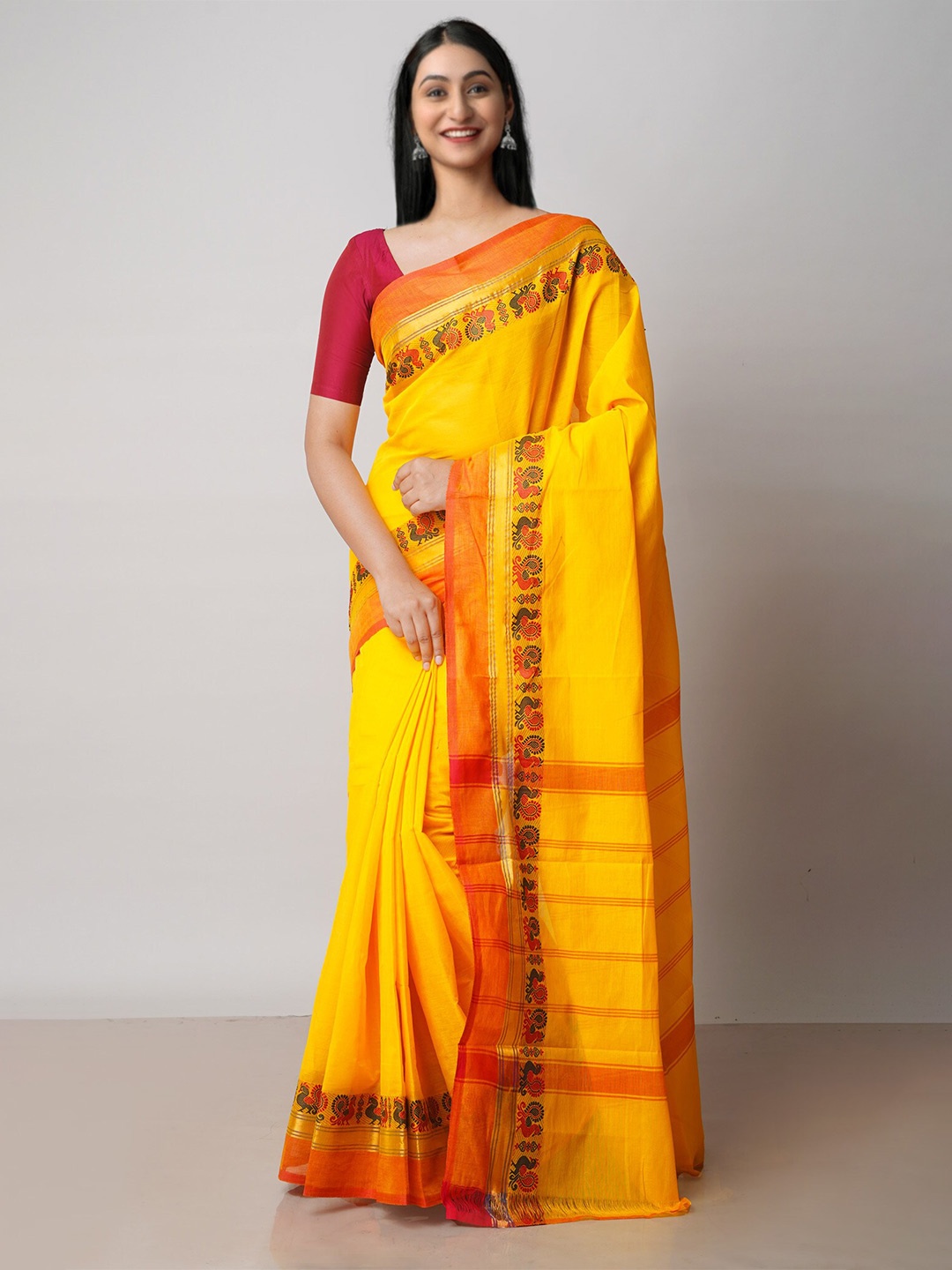 

Unnati Silks Zari Pure Cotton Handloom Chettinad Saree, Yellow