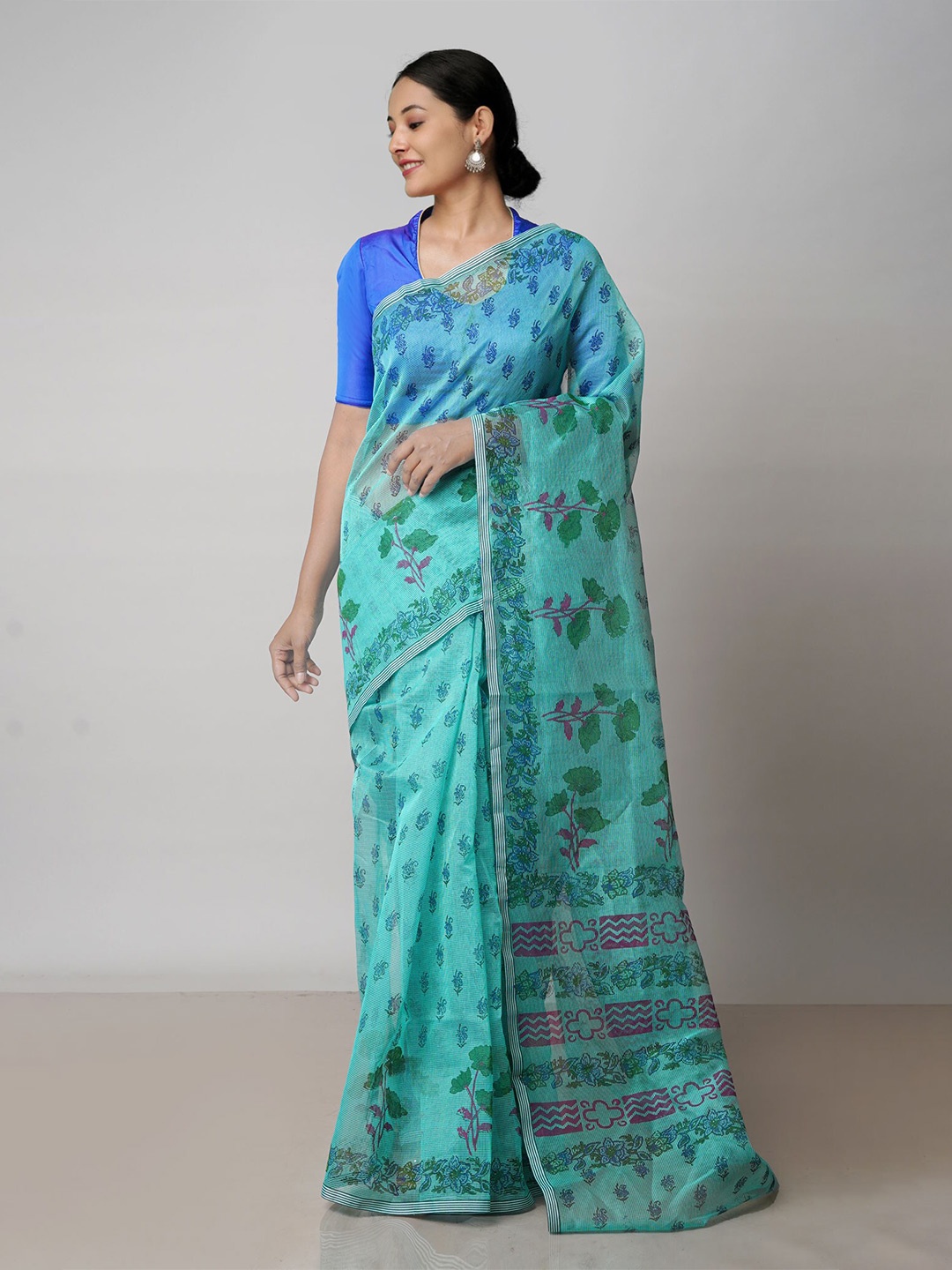 

Unnati Silks Ethnic Motifs Block Printed Supernet Handloom Dabu Saree, Blue