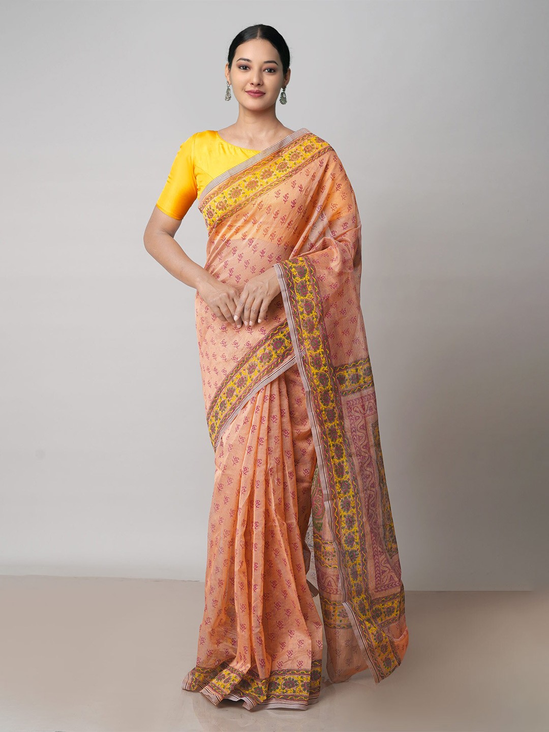 

Unnati Silks Ethnic Motifs Supernet Block Print Saree, Orange