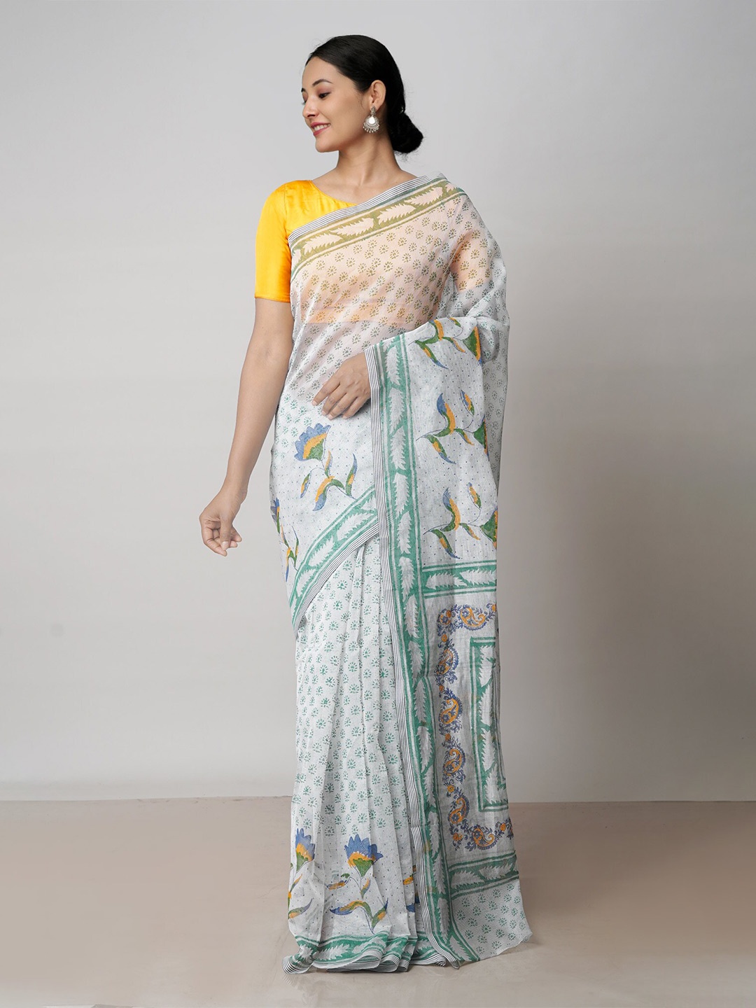 

Unnati Silks Ethnic Motifs Supernet Block Print Saree, Off white