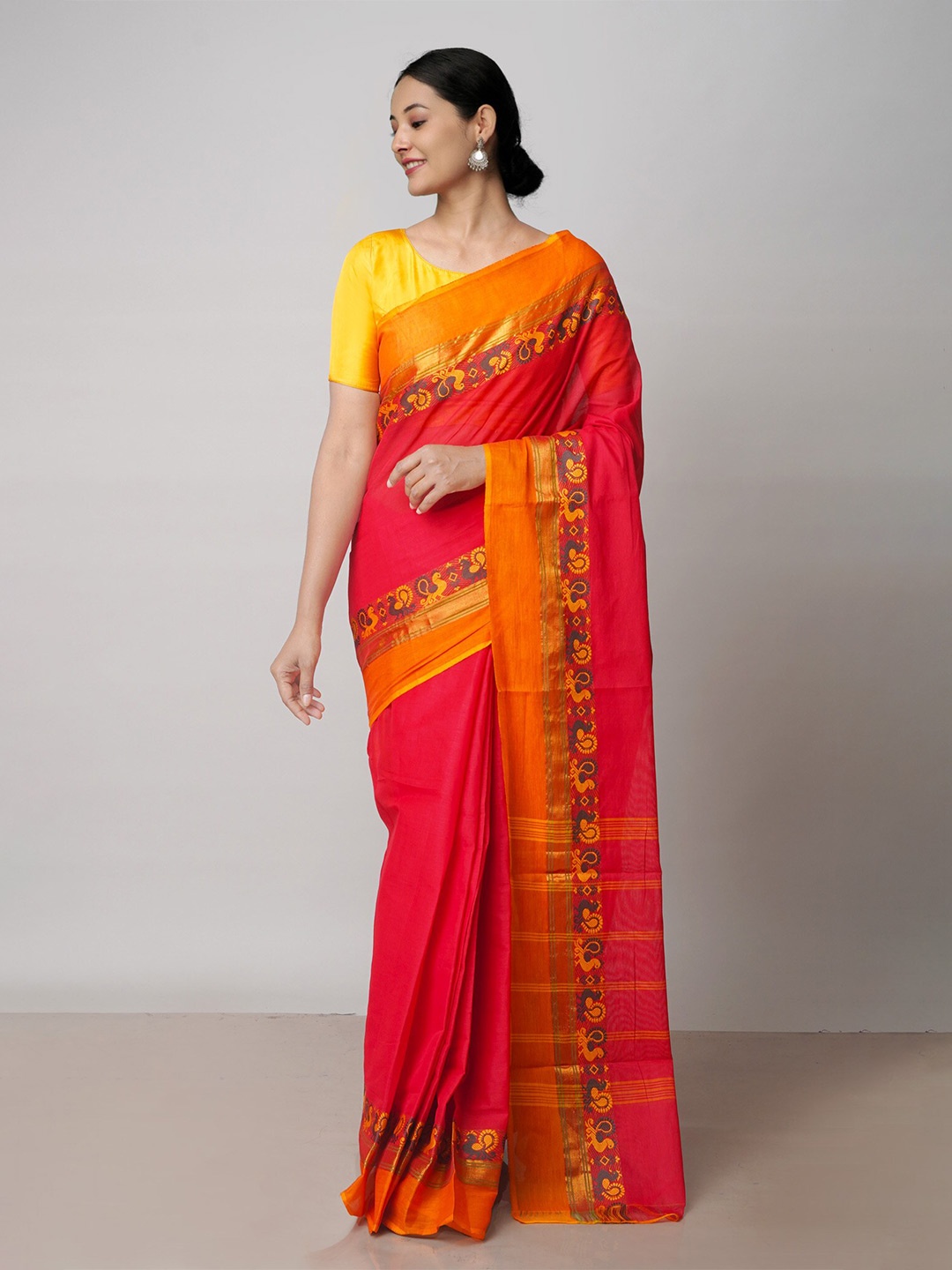 

Unnati Silks Zari Pure Cotton Handloom Chettinad Saree, Red
