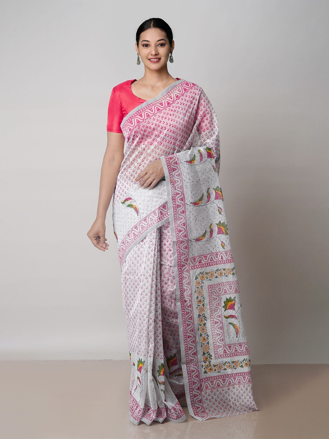

Unnati Silks Ethnic Motifs Supernet Block Print Saree, Off white