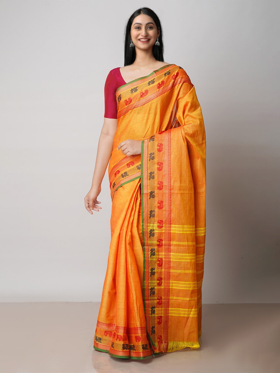 

Unnati Silks Zari Pure Cotton Handloom Chettinad Saree, Yellow
