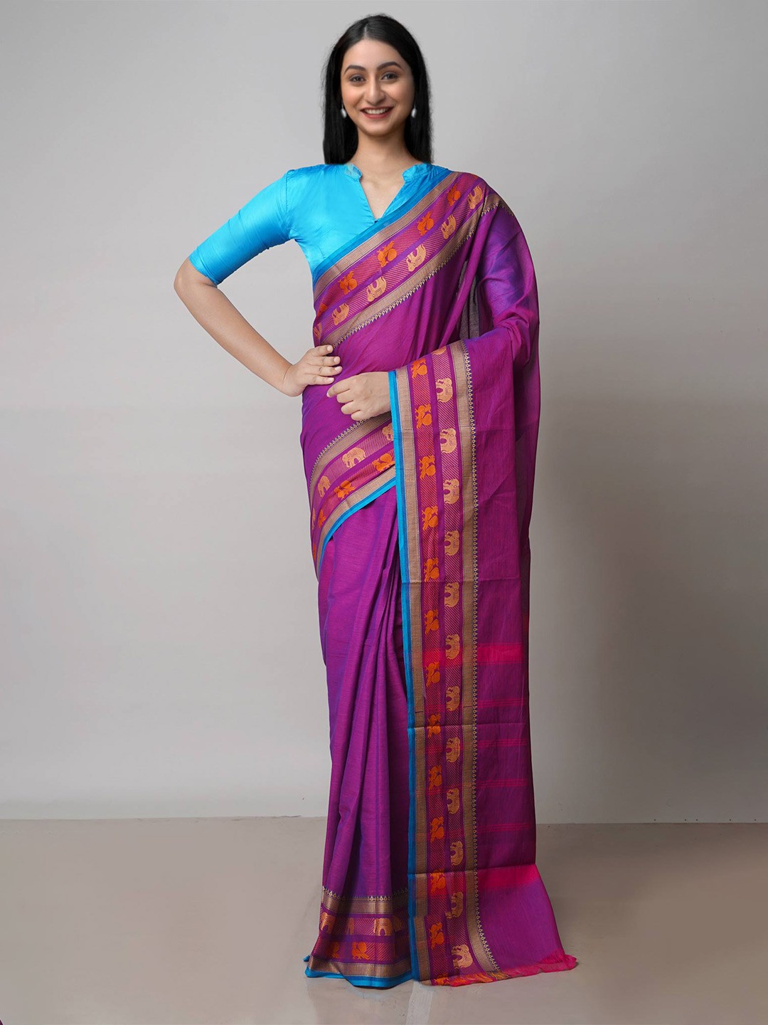 

Unnati Silks Zari Pure Cotton Handloom Chettinad Saree, Pink