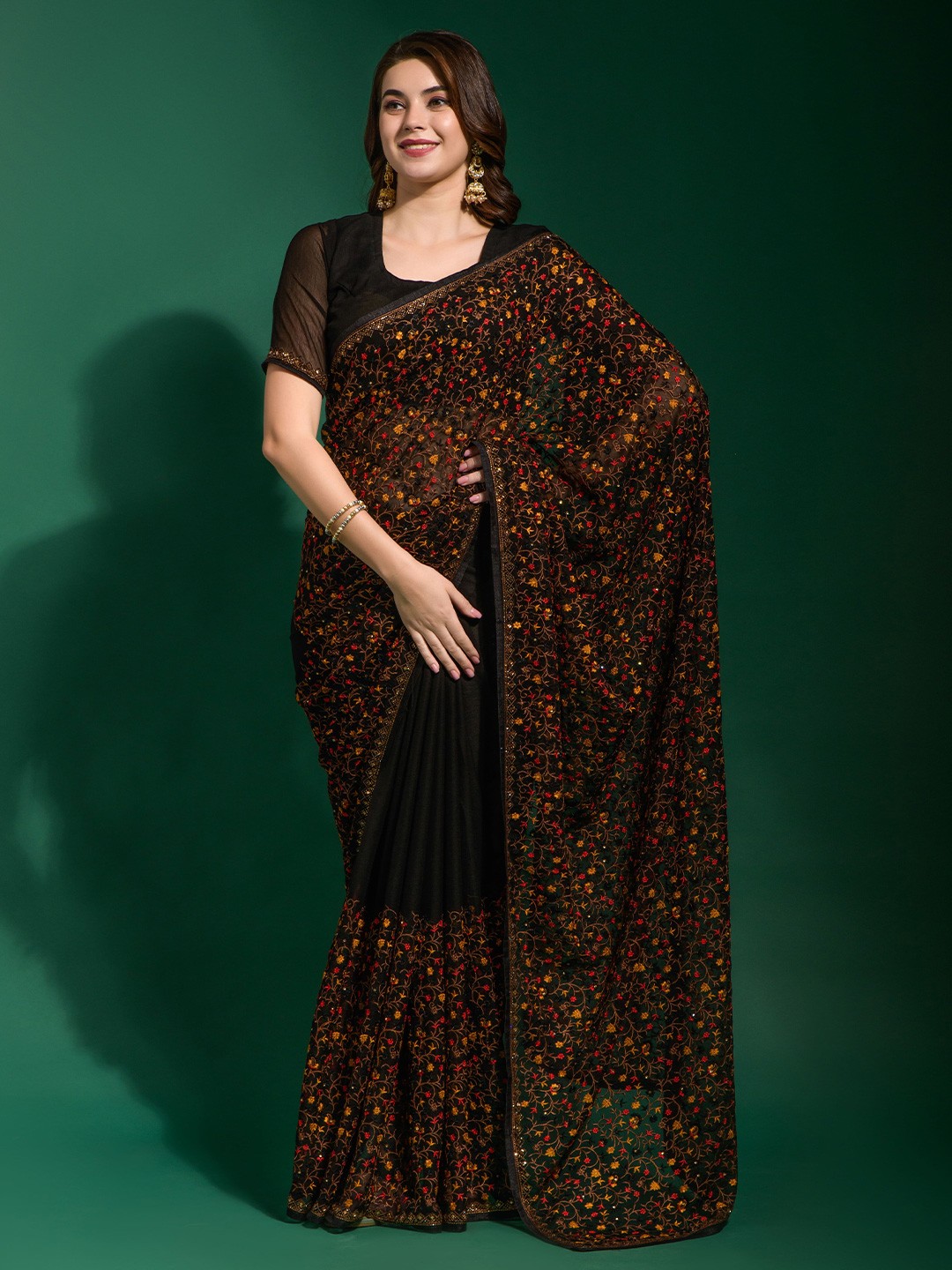 

elora Floral Embroidered Sequinned Bhagalpuri Saree, Black