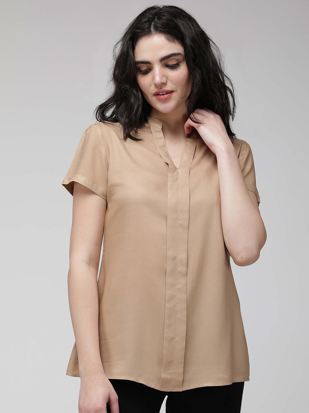 

IDK Mandarin Collar Shirt Style Top, Beige