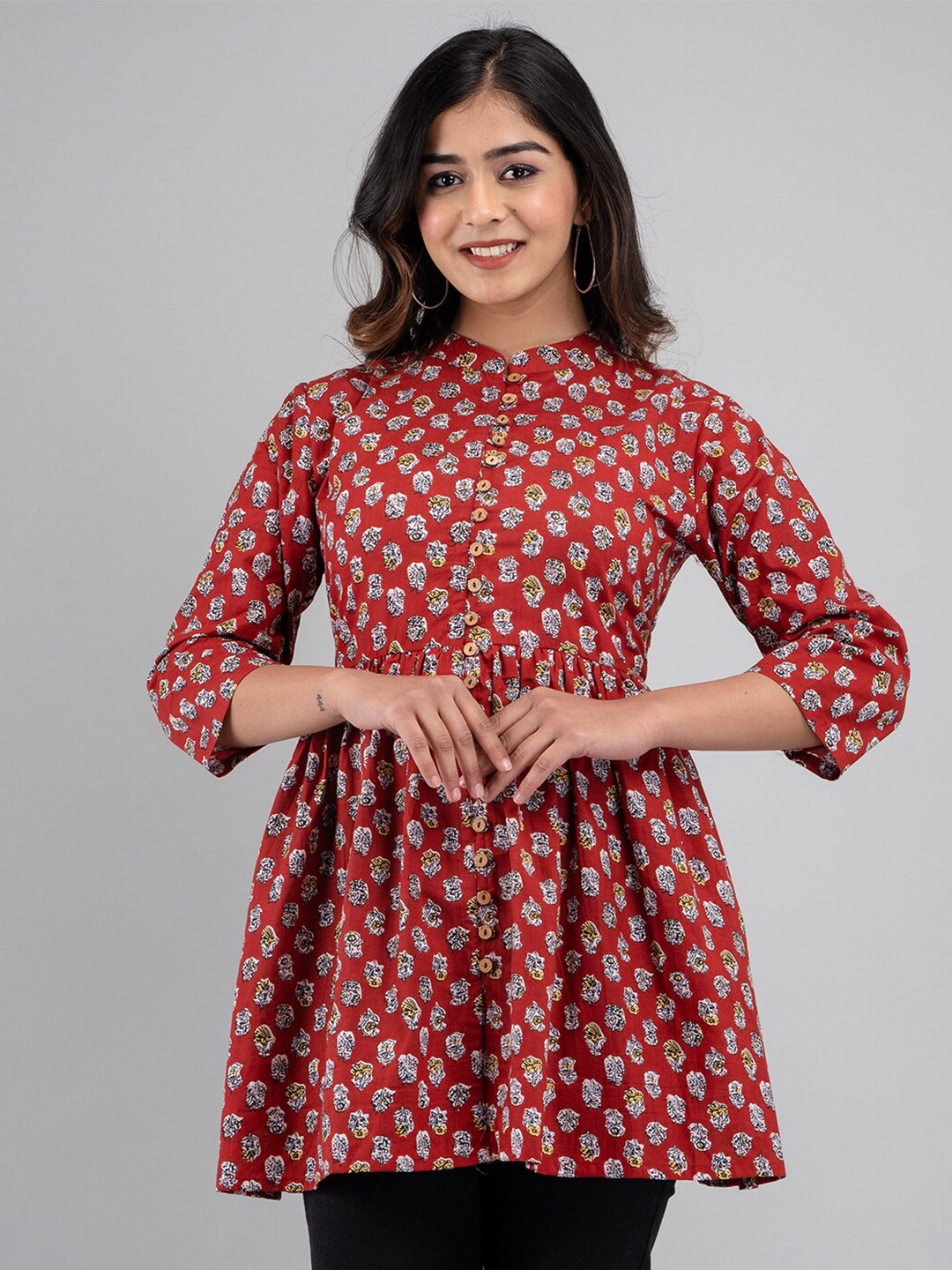 

FERANOID A-Line Ethnic Motifs Printed Pure Cotton Kurti, Red