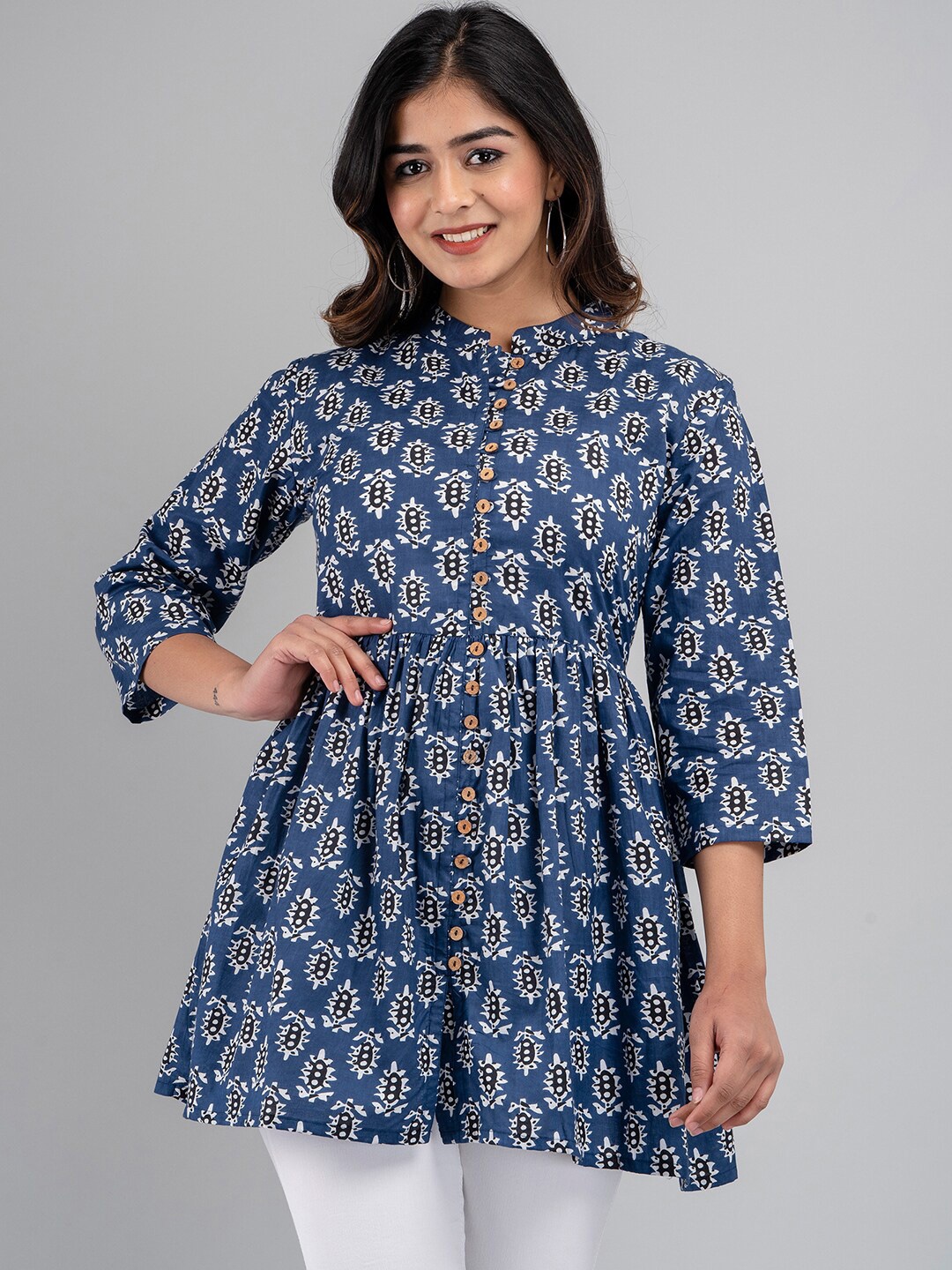 

FERANOID A-Line Ethnic Motifs Printed Pure Cotton Kurti, Blue