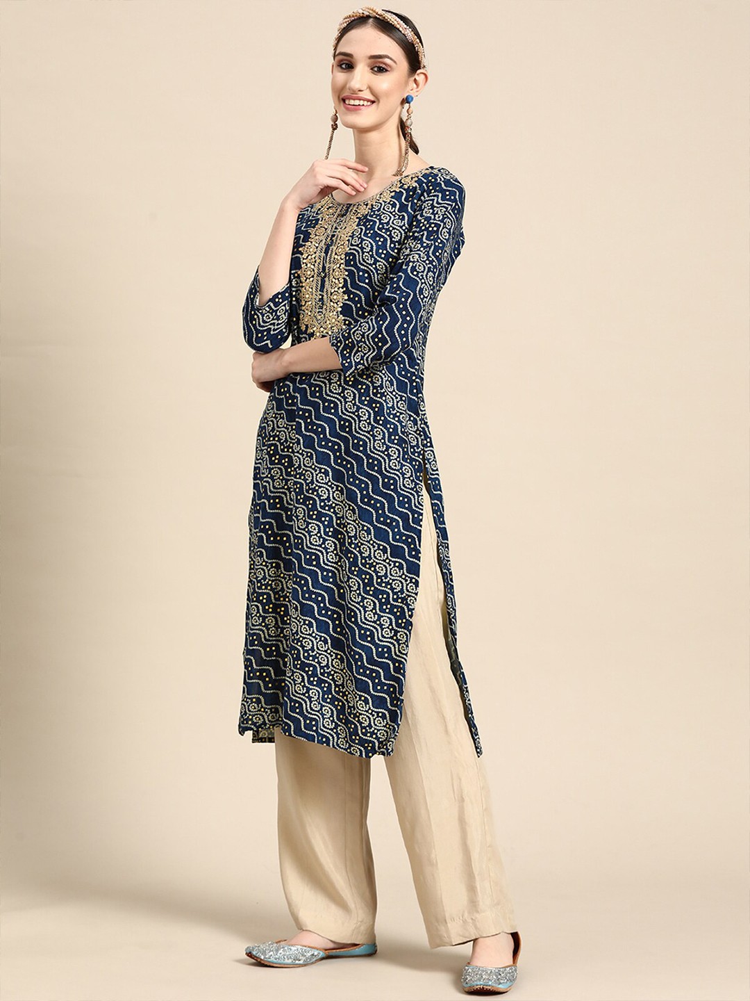 

ODETTE Ethnic Motifs Printed Sequinned Kurta, Blue