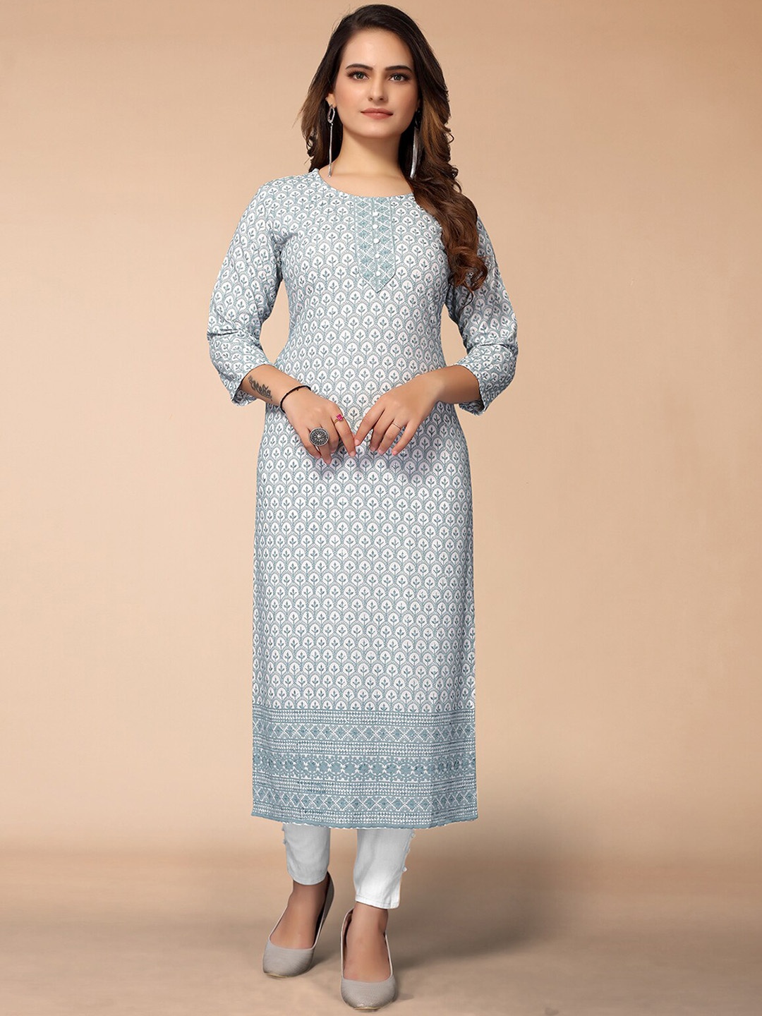 

ODETTE Ethnic Motifs Embroidered Sequined Kurta, Blue