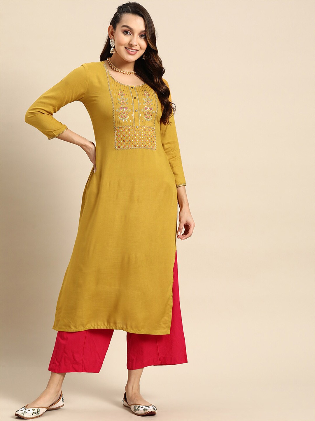 

ODETTE Ethnic Motifs Embroidered Thread Work Kurta, Mustard