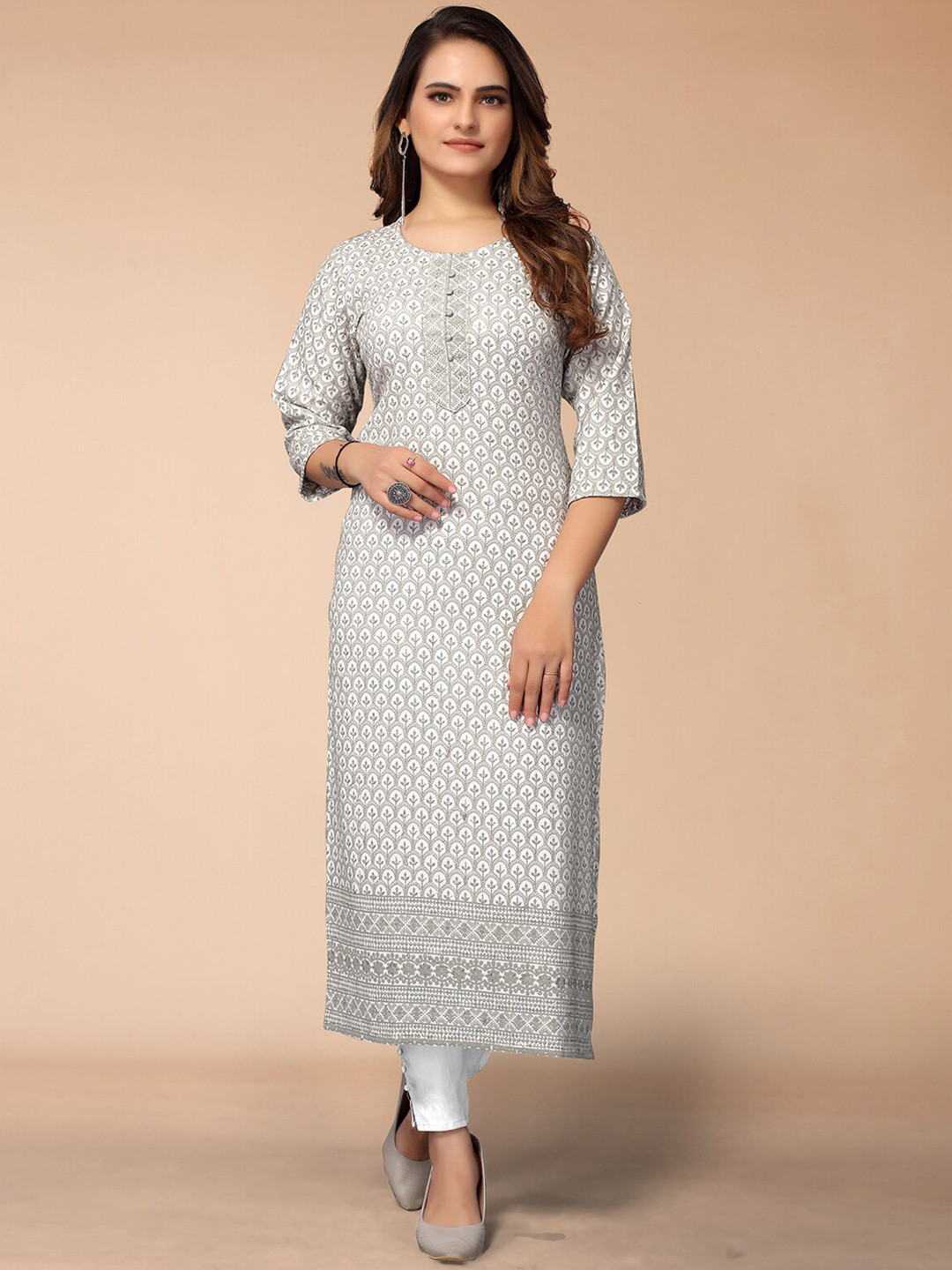 

ODETTE Ethnic Motifs Embroidered Sequinned Kurta, Grey