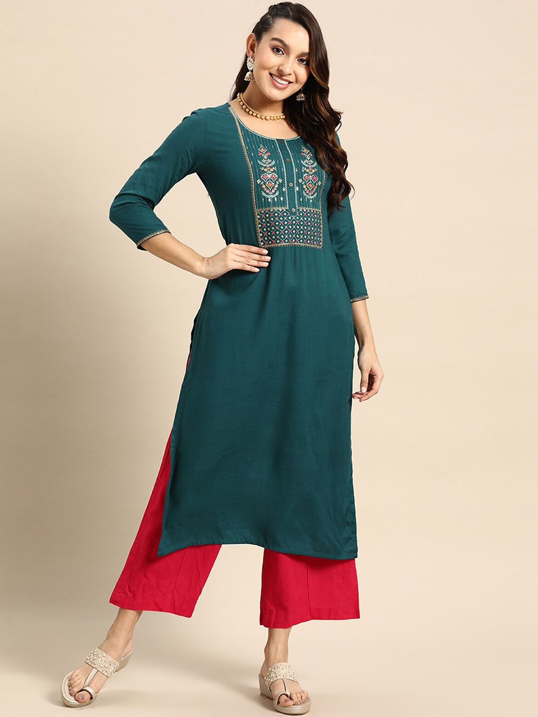 

ODETTE Floral Yoke Design Thread Work Kurta, Teal