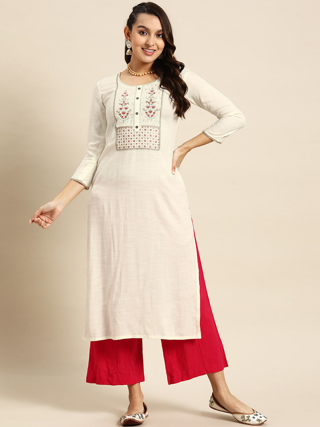 

ODETTE Floral Yoke Design Thread Work Kurta, White