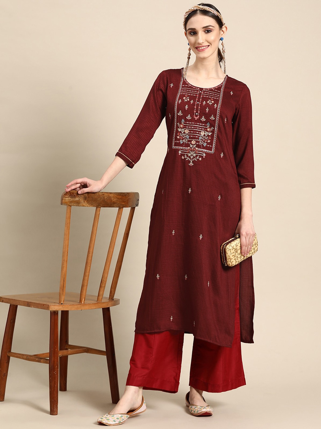 

ODETTE Ethnic Motif Embroidered Sequinned Kurta, Maroon