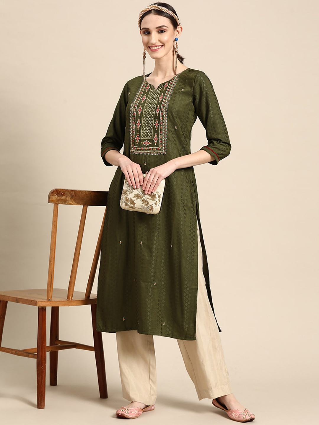 

ODETTE Geometric Embroidered Kurta, Green