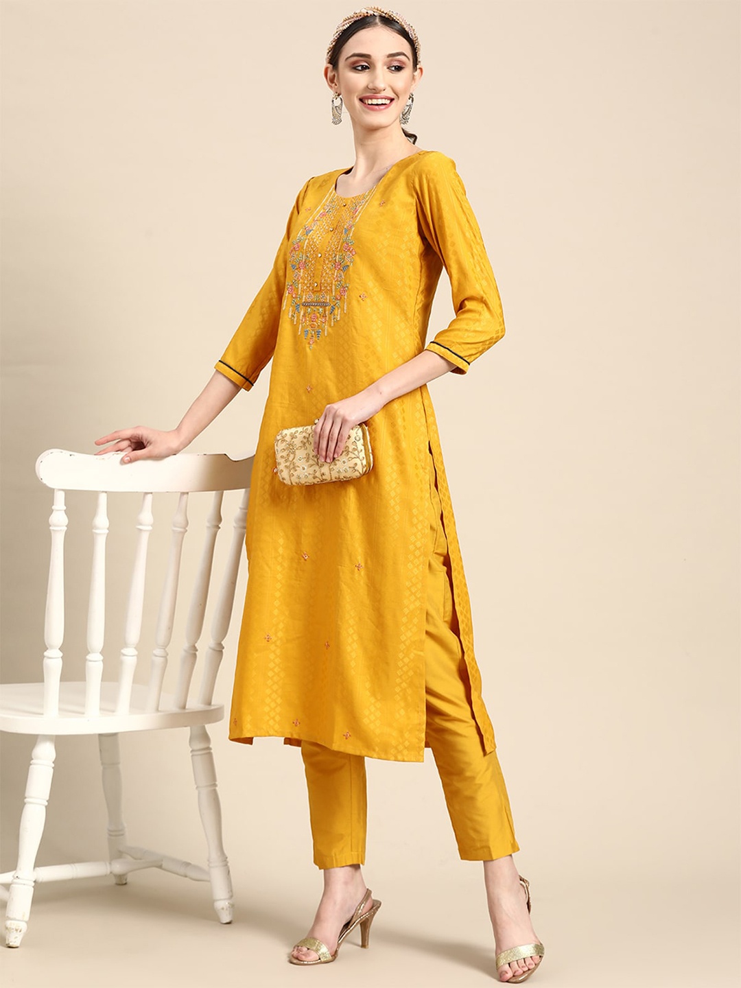 

ODETTE Embroidered Round Neck Straight Kurta, Mustard