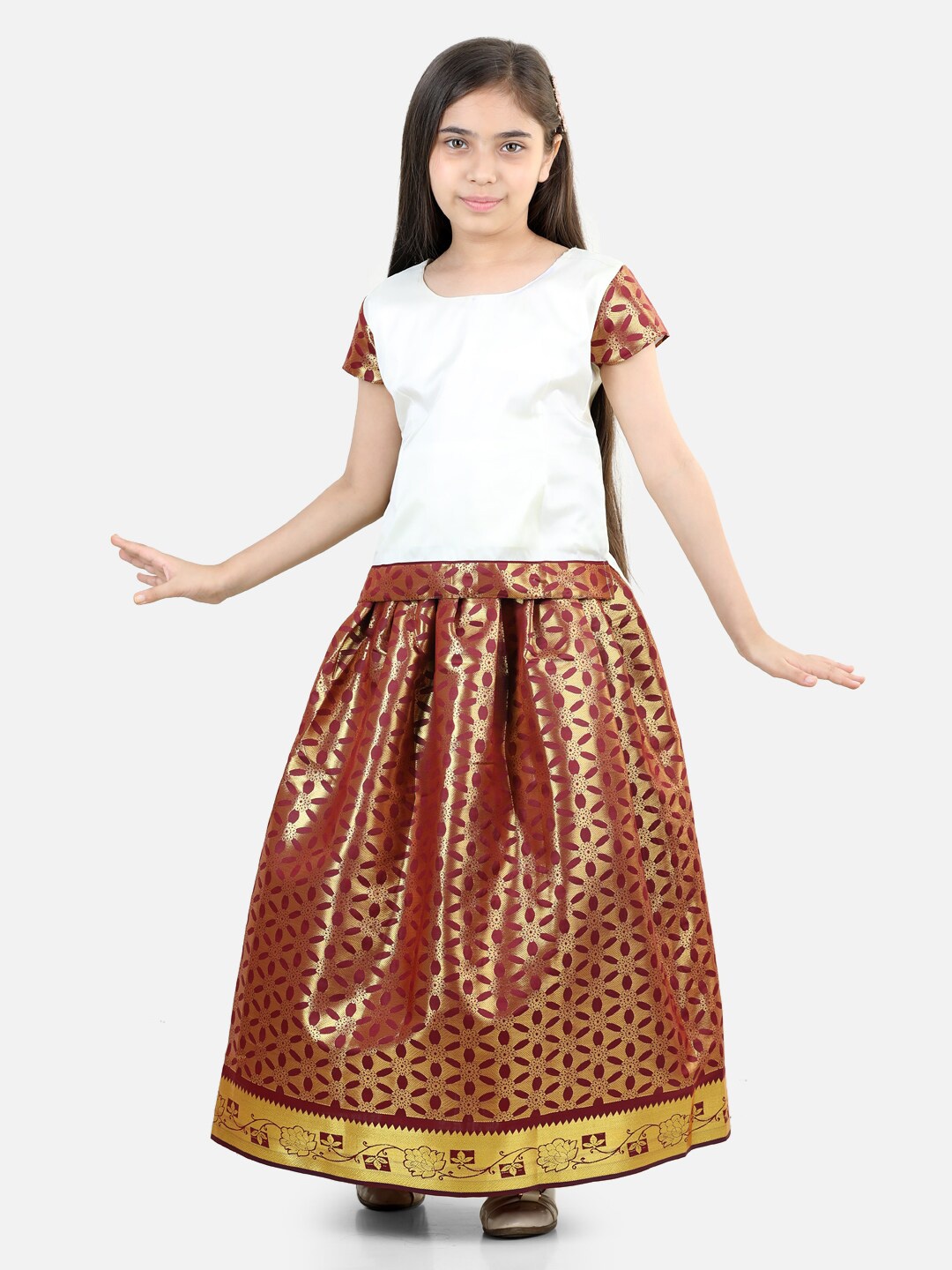 

BownBee Girls South Indian Ready to Wear Lehenga, White