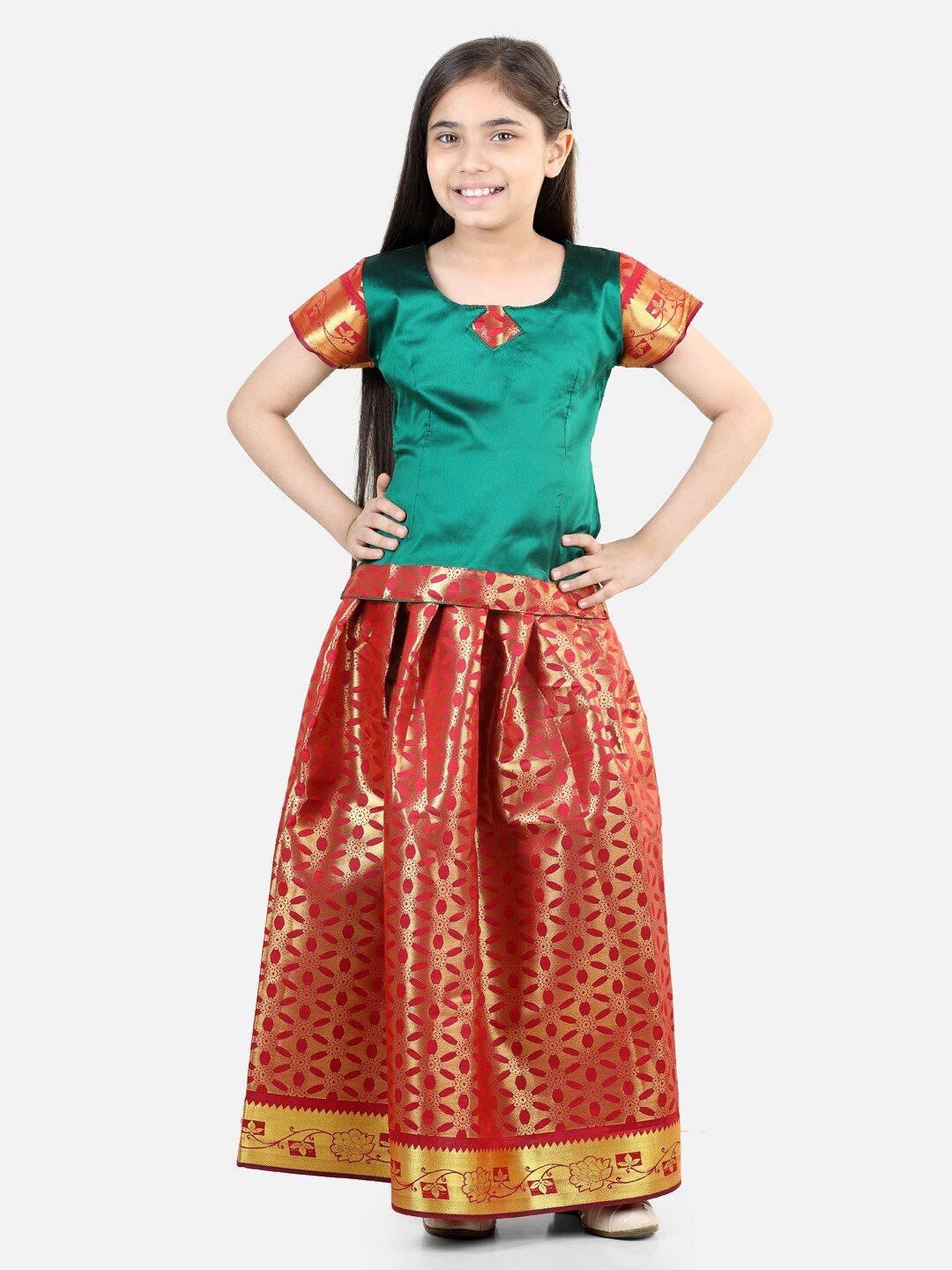 

BownBee Girls Woven Design Ready to Wear Lehenga & Choli, Green