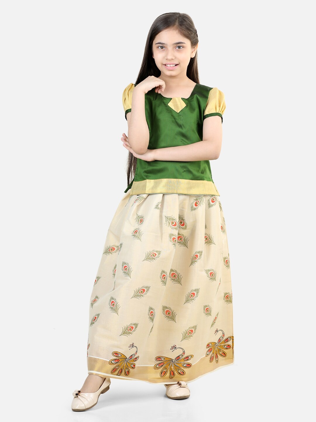 

BownBee Girls Printed Ready to Wear Lehenga & Choli, Green