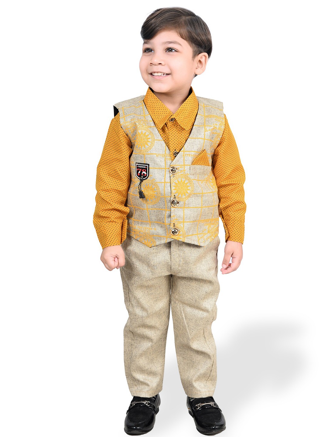 

KIDZAREA Boys Printed Shirt With Trousers And Waistcoat, Yellow