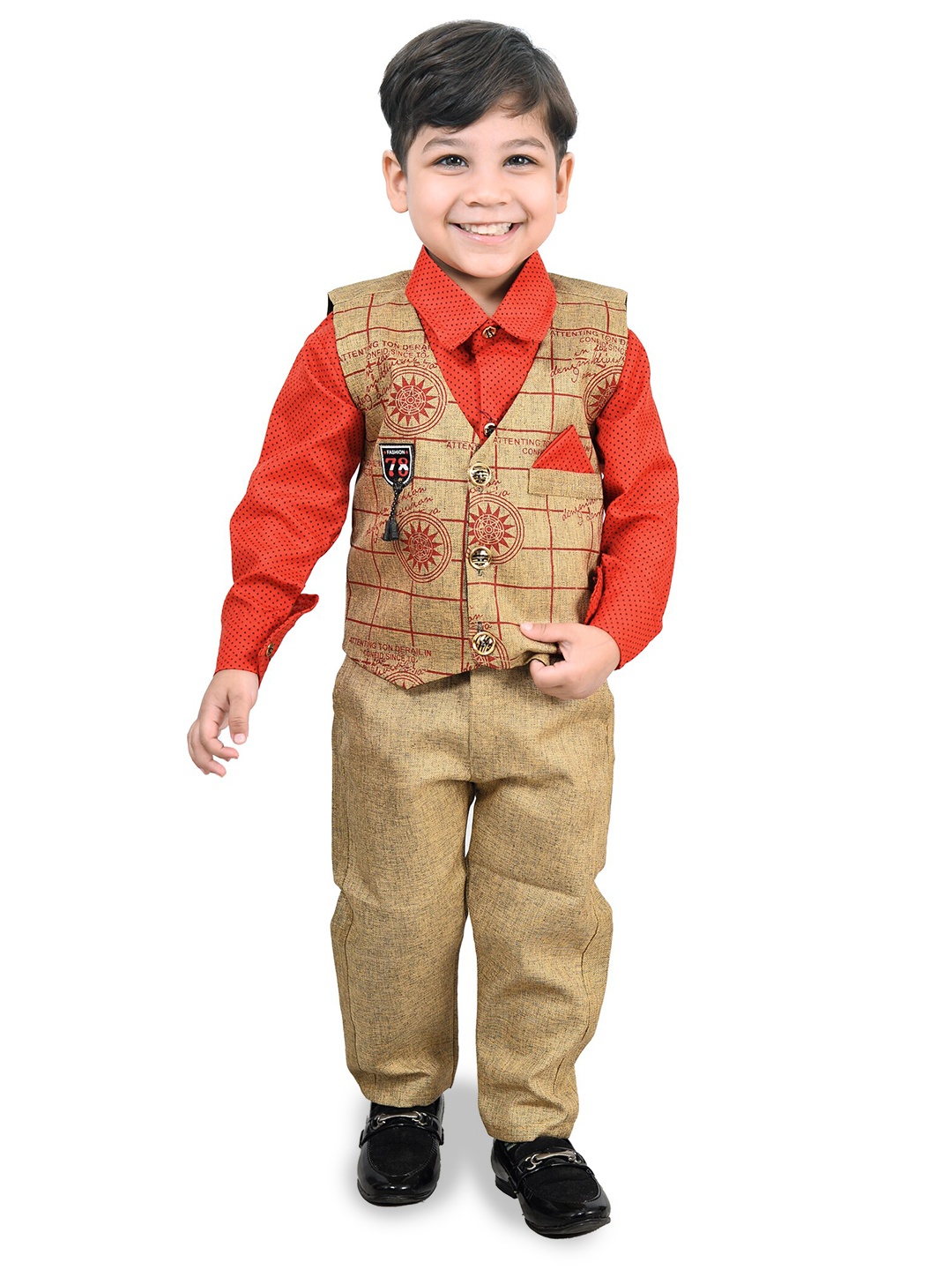 

KIDZAREA Boys Printed Shirt With Waistcoat & Trouser, Red