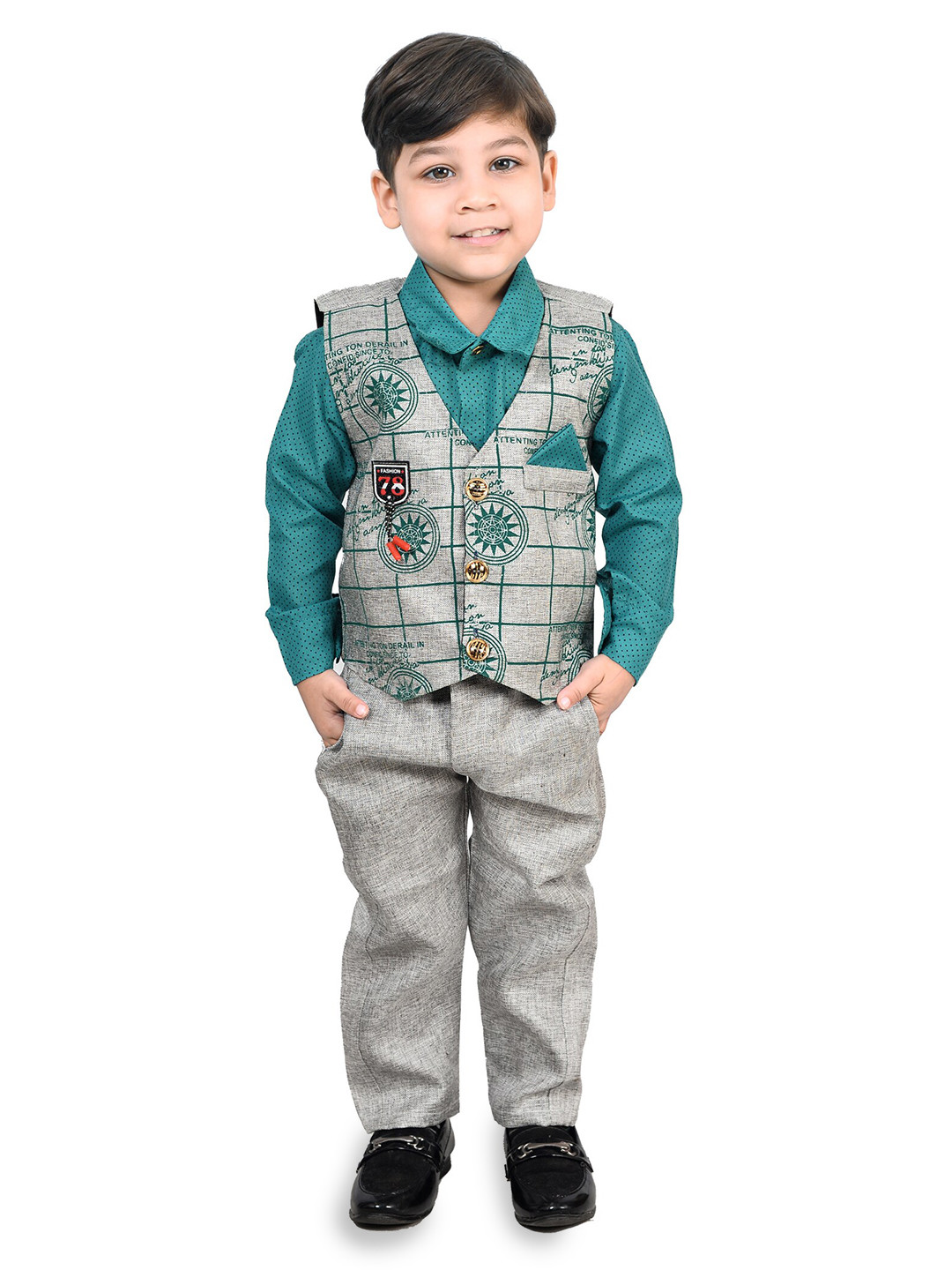 

KIDZAREA Boys Printed Shirt With Waistcoat & Trouser, Green