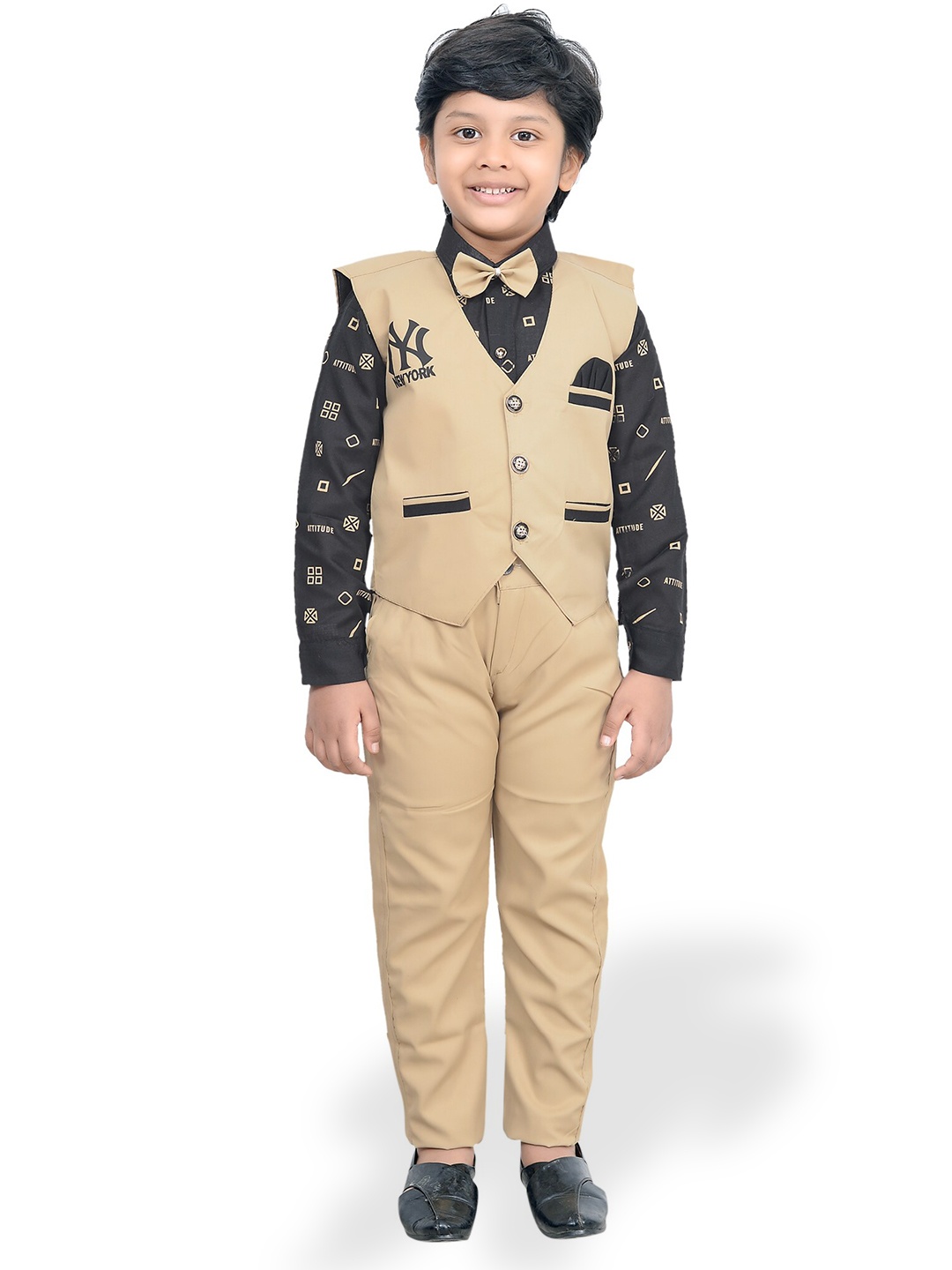 

KIDZAREA Boys Printed Shirt With Trousers & Waistcoat Set, Beige