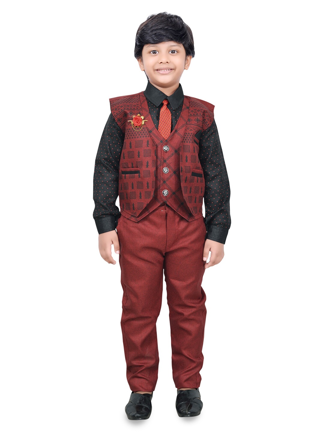 

KIDZAREA Boys Printed Shirt With Trousers & Waistcoat Set, Red