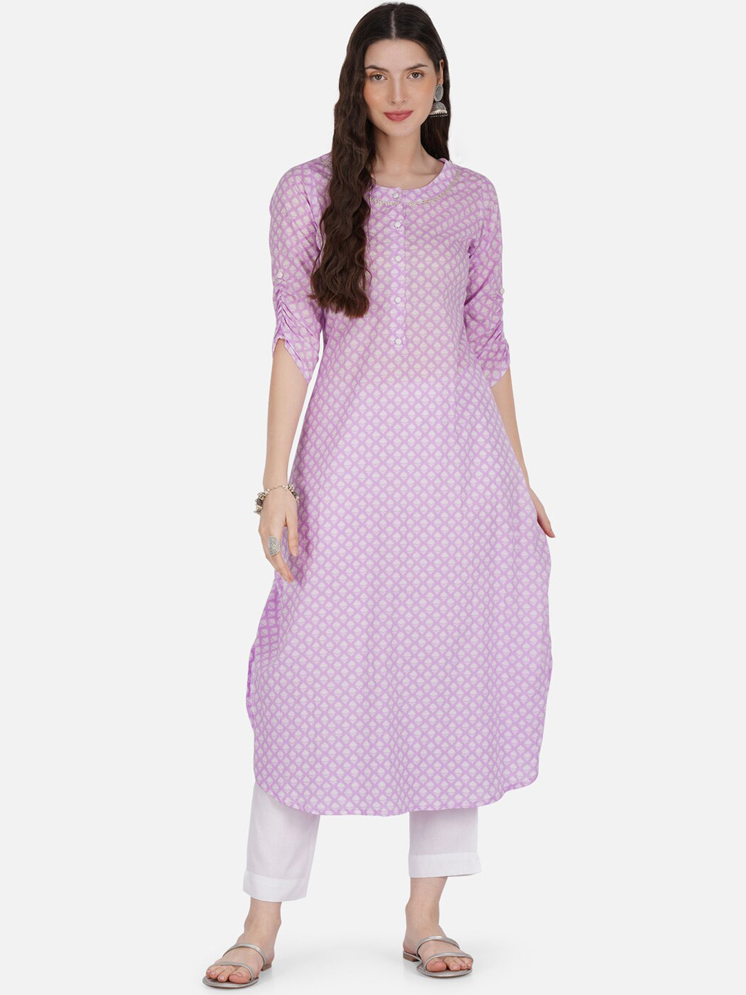 

METRO-FASHION Floral Printed Regular Pure Cotton Kurta With Trousers, Lavender