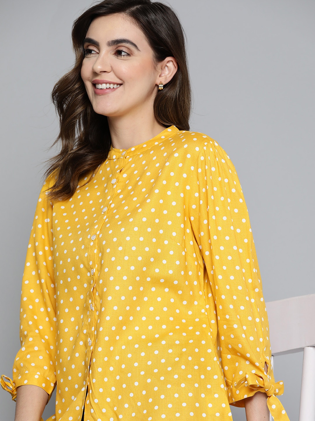 

Mast & Harbour Polka Dot Mandarin Collar Top, Yellow