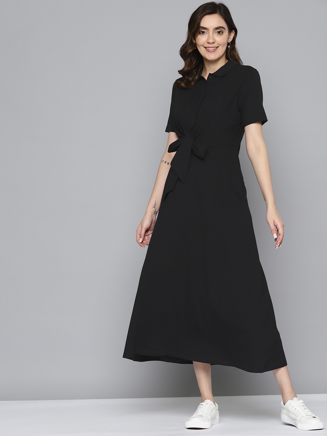 

Mast & Harbour Shirt Midi Dress With Tie-Up Detail, Black
